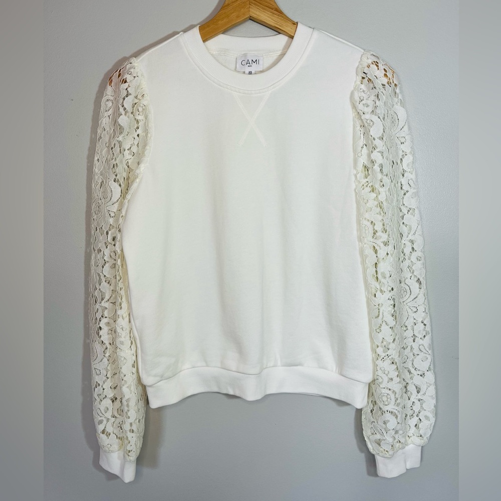 Cami Ivory Cotton Lace Sleeve Sweatshirt Top Women’s XS Crew Neck Long Sleeve